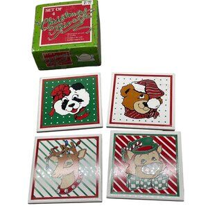 set of 4 Christmas trivets decorative wall hanging rubber feet bears cat READ